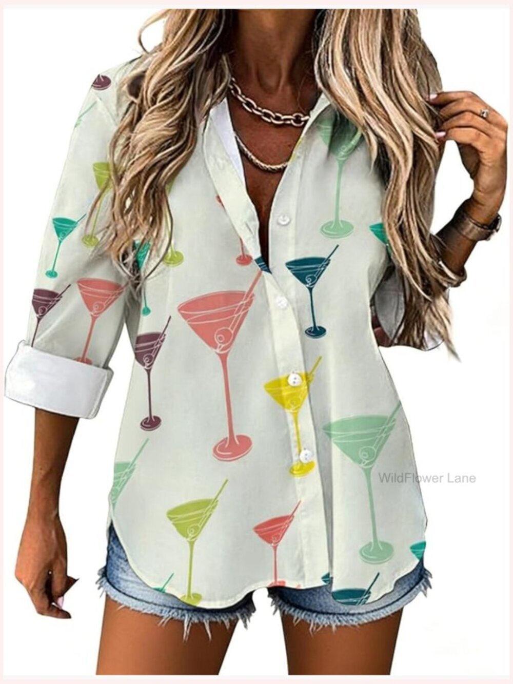 Women's Casual Long Sleeve Button Down Shirt Irregular Hem V-Neck Blouse